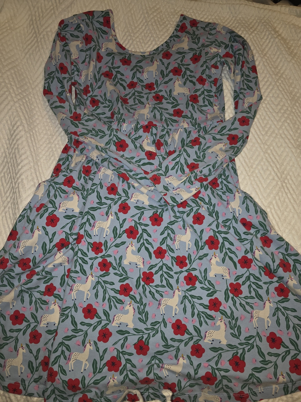 Hanna Andersson Blue Dress with White Unicorns & Red Flowers